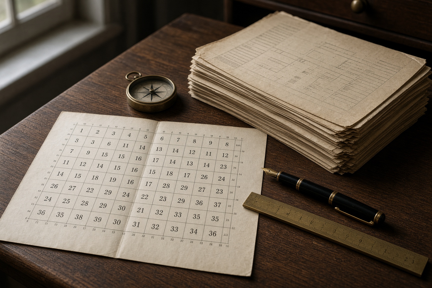 Landman desk with a township plat map and mineral title abstracts used to underwrite Bakken mineral rights