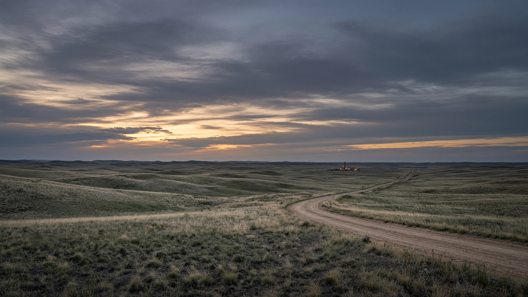 Bakken prairie in the Williston Basin at dusk, a North Dakota section-line road running toward a distant oil well pad